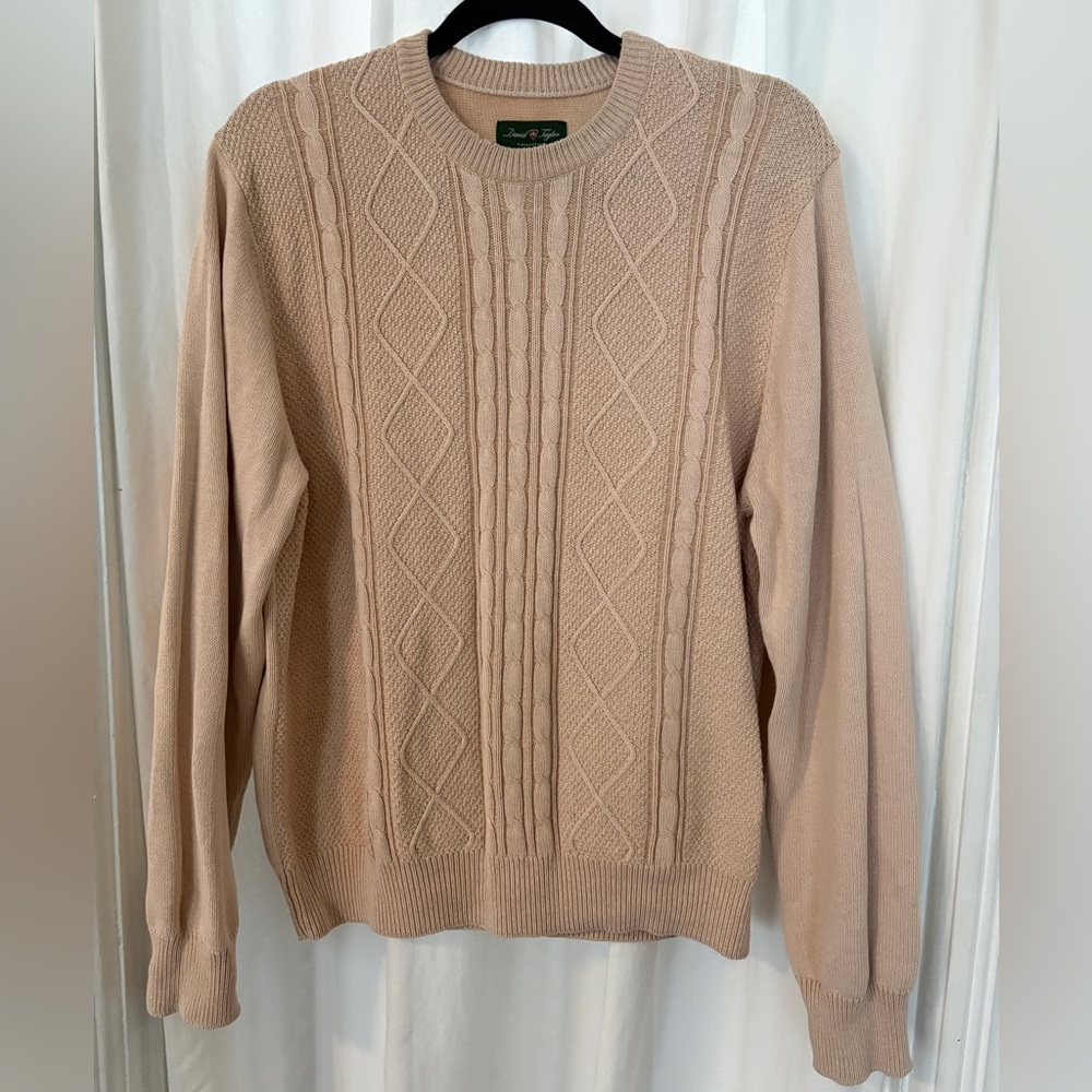 Vintage David Taylor Men's Crewneck Cable Knit Sweater - Light Beige
